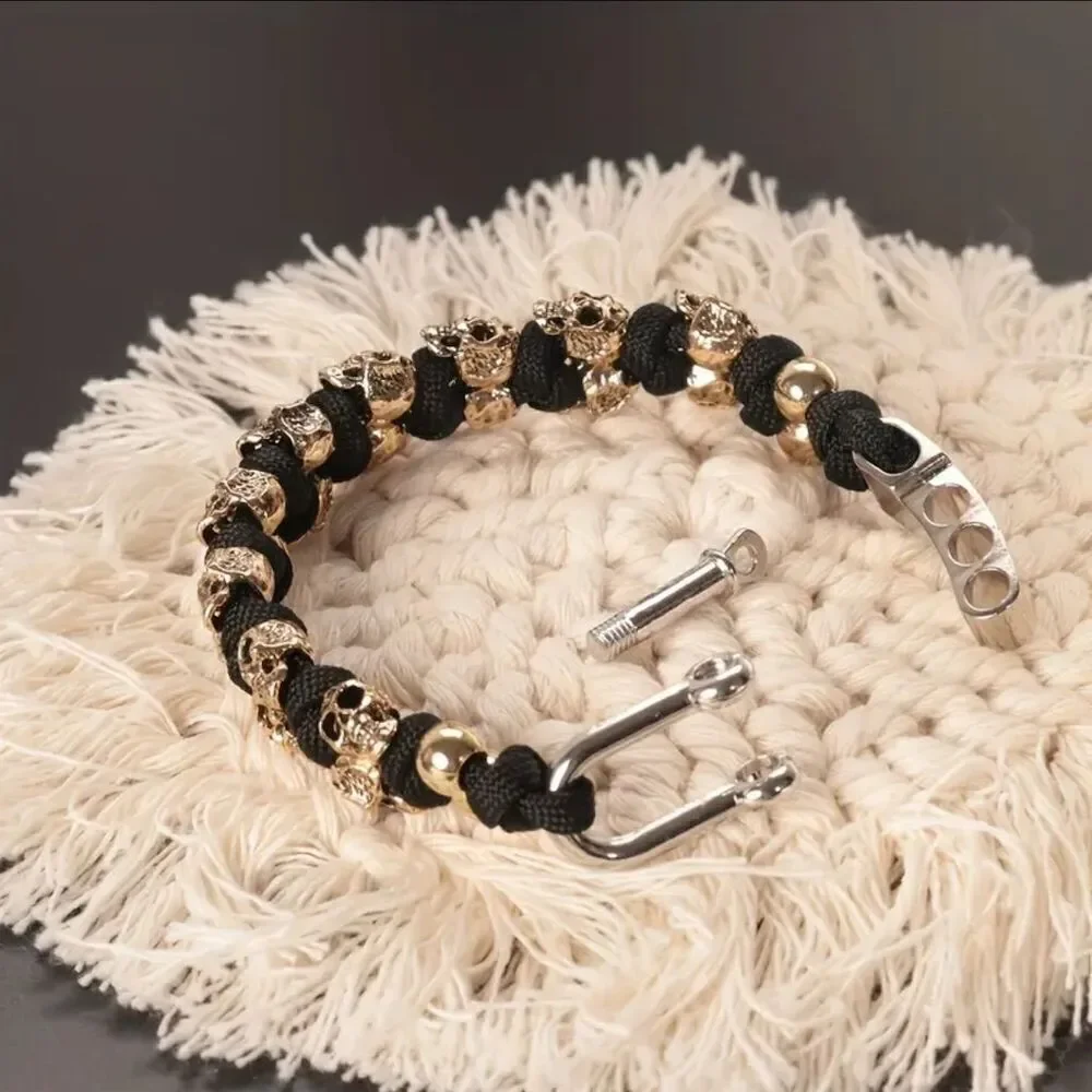Men's Gothic Handmade Gold Skull Bracelet Adjustable Wristband Grunge Gorpcore